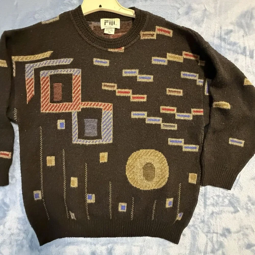 Vintage Men’s Store Italy Sweater L Geometric Pattern Knit 80s 90s Wool Blend